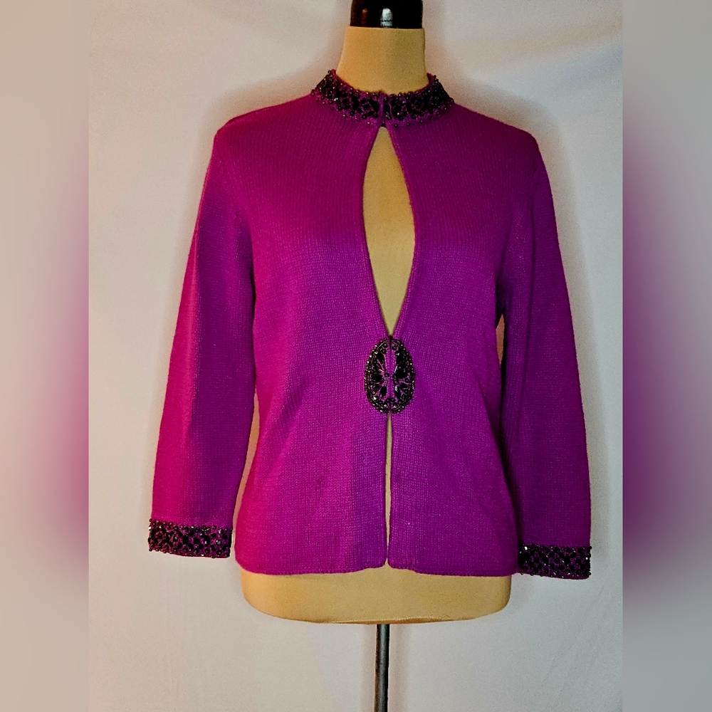 Talbots Fuchsia Purple Beaded-Trim Cardigan Sweater
